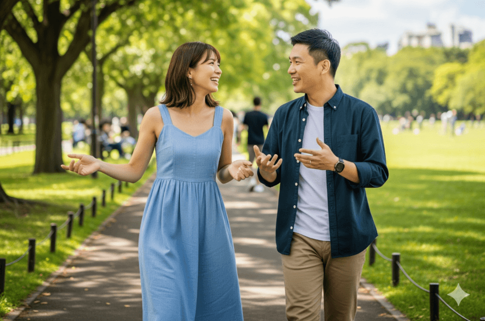 公園で楽しそうに話す男女