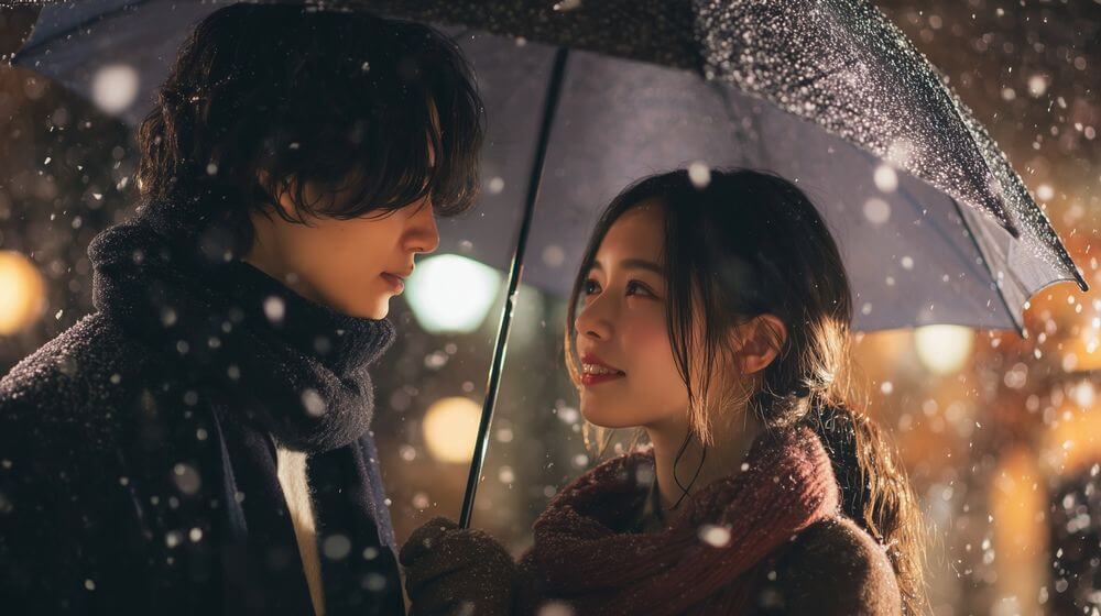 雨の日にデートする男女