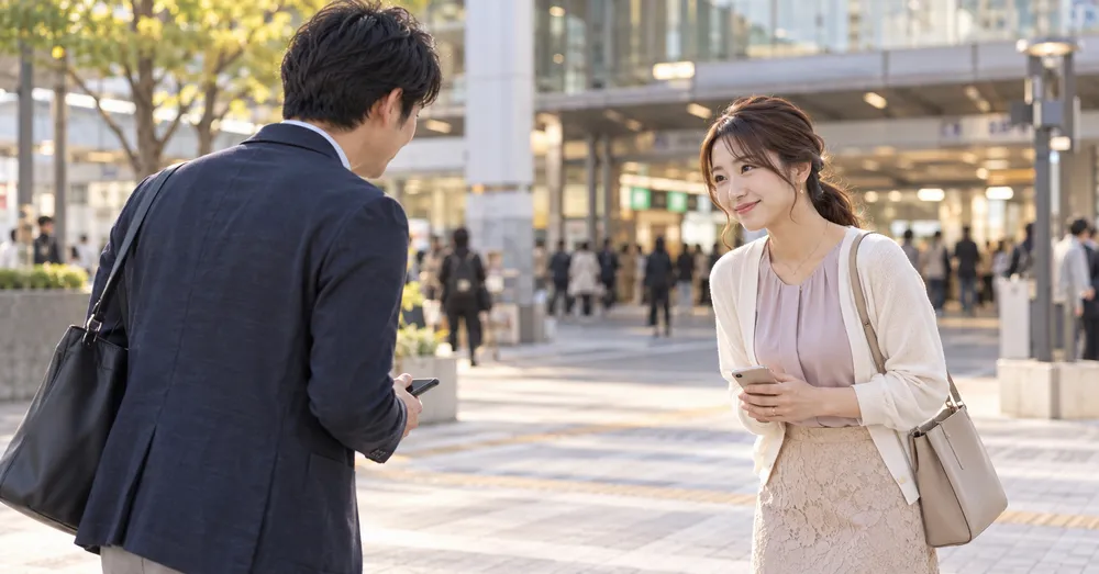 駅前で待ち合わせをする男女